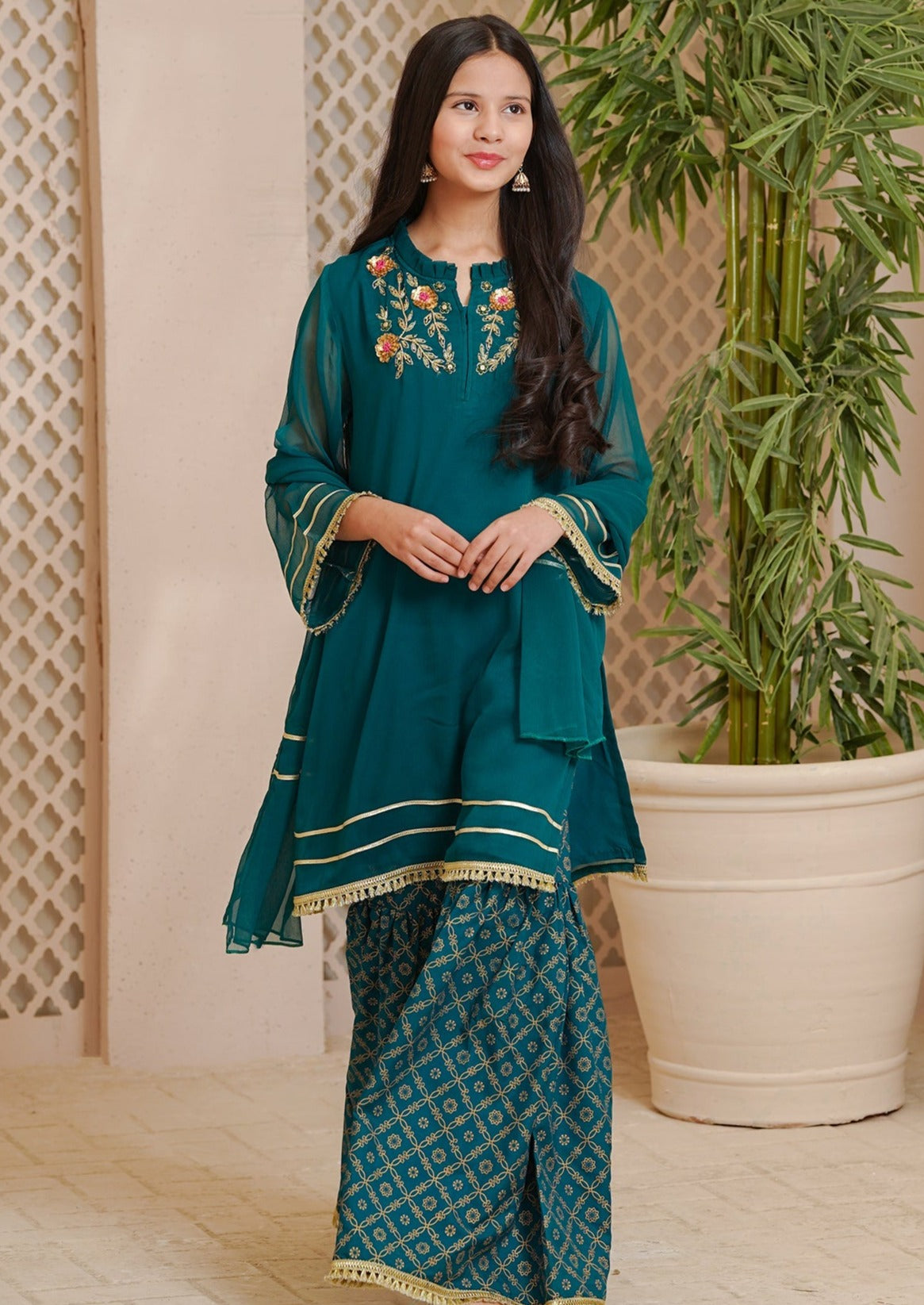 Green - Girl's Gharara Dress 7-8 Years Green - Girl's Gharara Dress 7-8 Years
