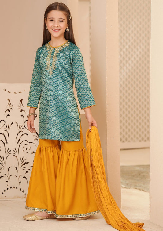 Teal Blue & Mustard - Girl's Gharara Dress