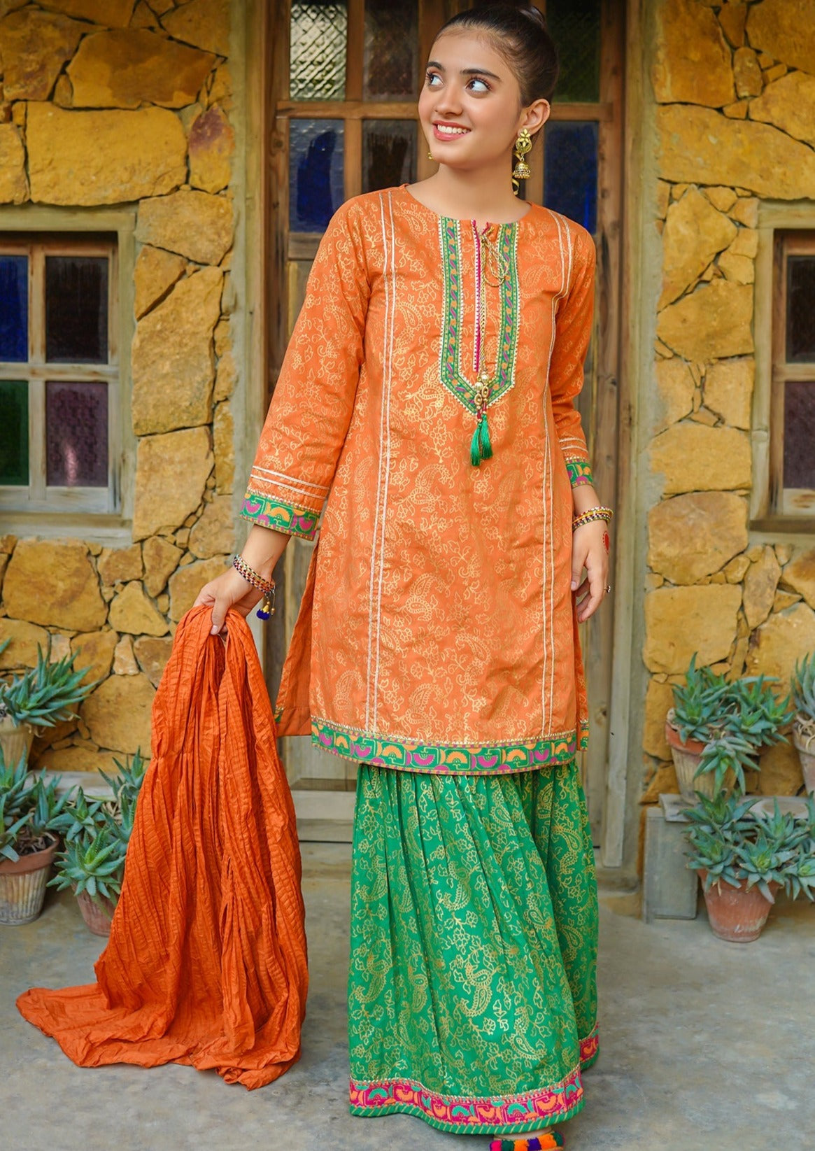 Orange & Green - Girl's Gharara Dress