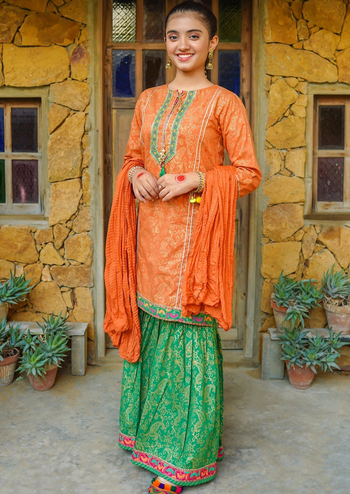 Orange & Green - Girl's Gharara Dress 9-10 Years Orange & Green - Girl's Gharara Dress 9-10 Years
