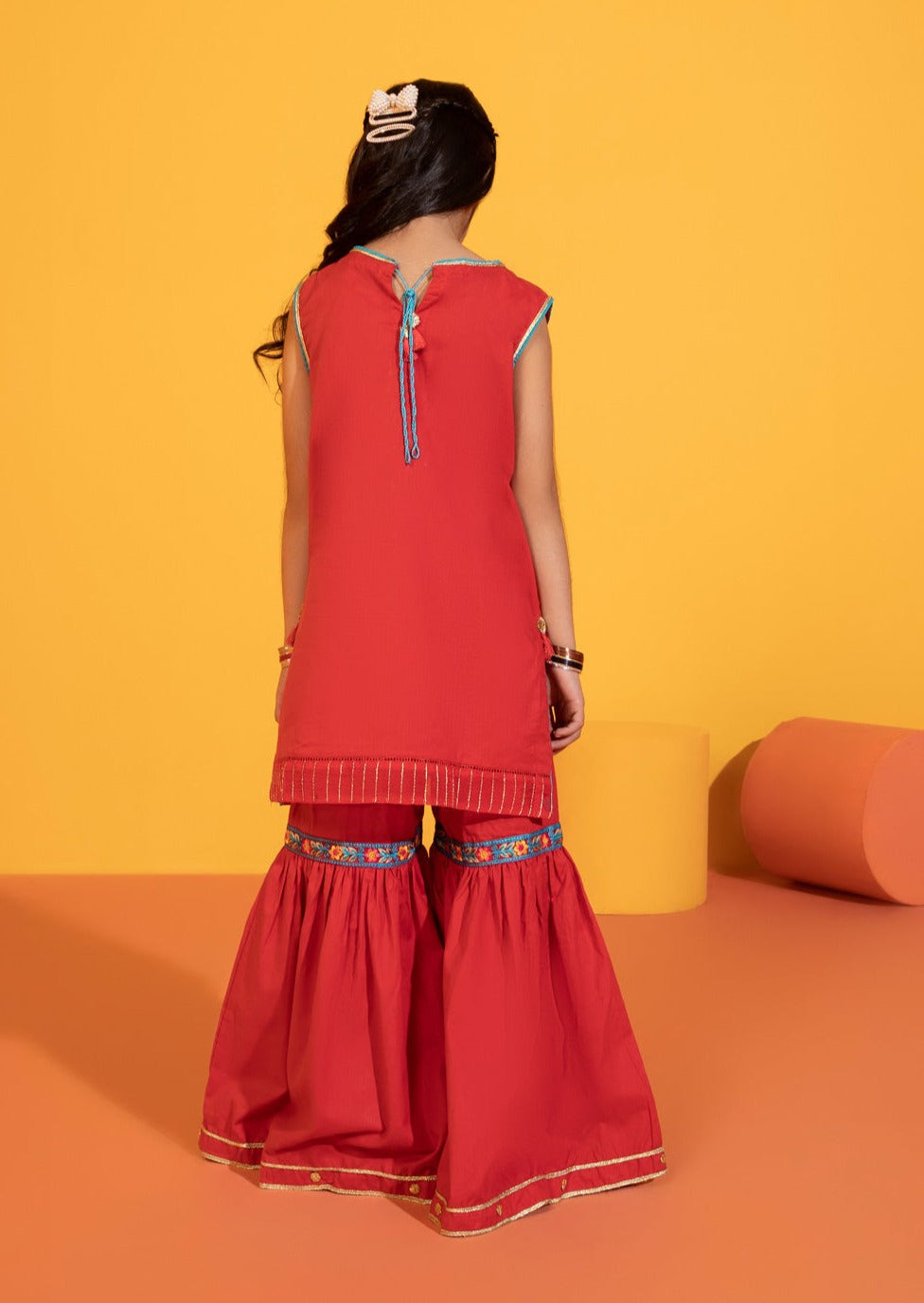 Red- Girl's Embroidered Gharara