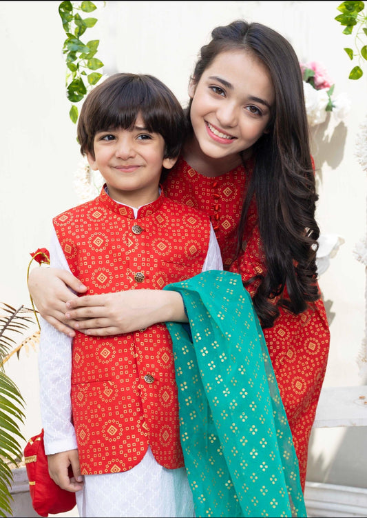Red -  Boy's Kameez, Shalwar & Waistcoat