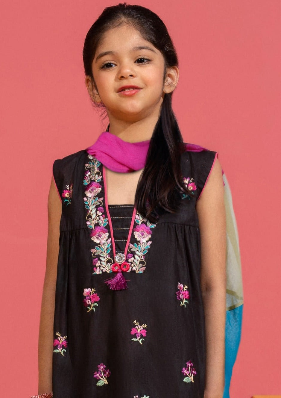 Black- Girl's Embroidered Gharara