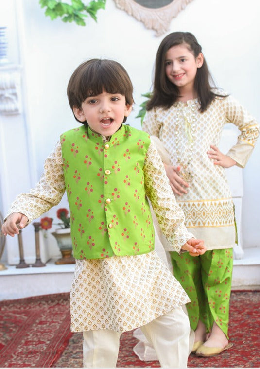 Gold & Parrot Green - Boy's Kameez, Shalwar & Waistcoat