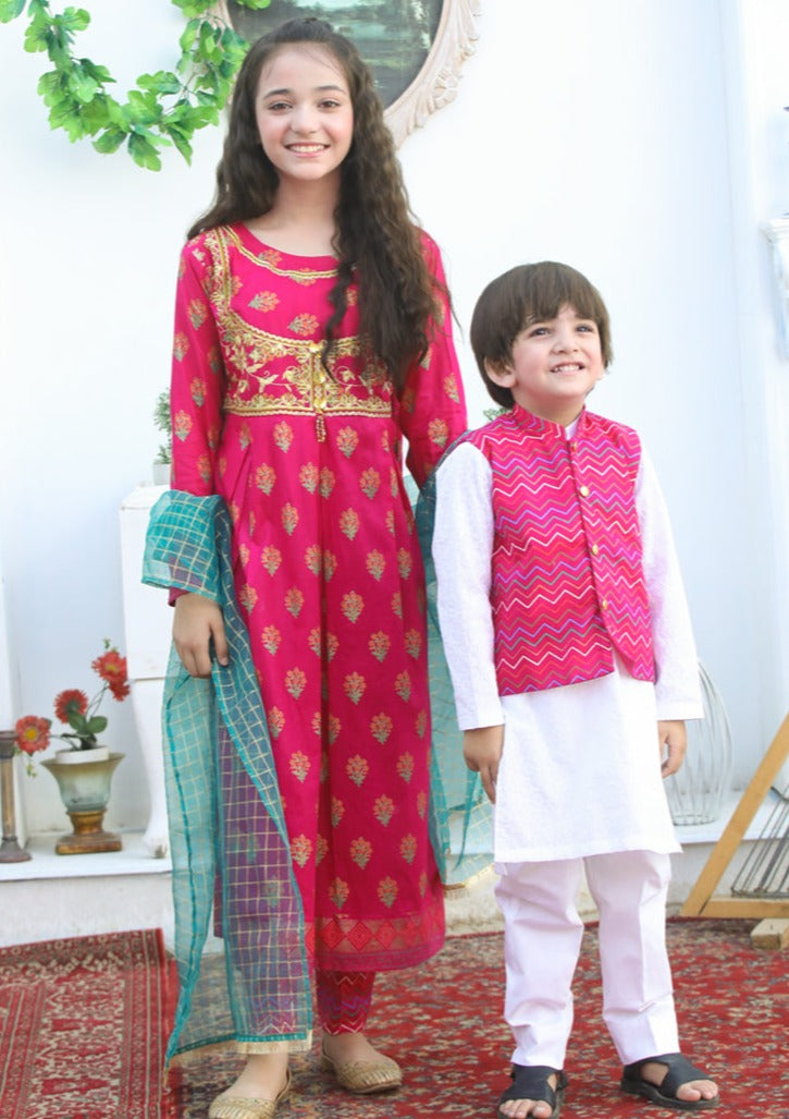 Pink & White -  Boy's Kameez, Shalwar & Waistcoat