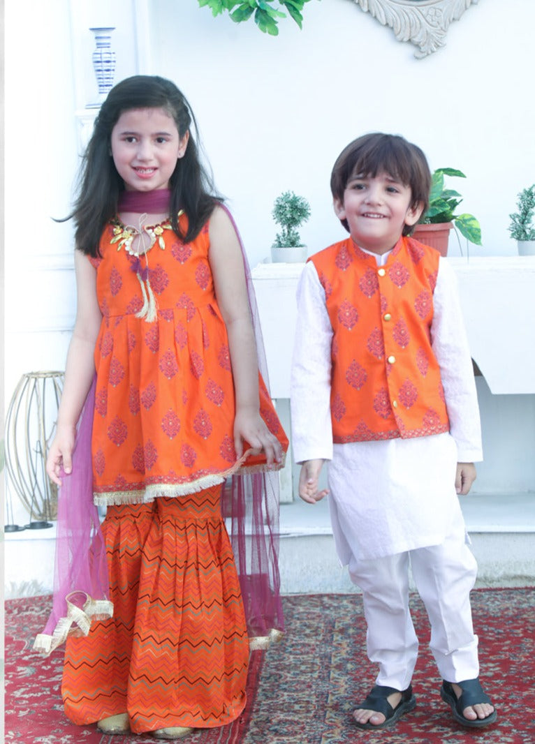 Orange & White - Boy's Kameez, Shalwar & Waistcoat