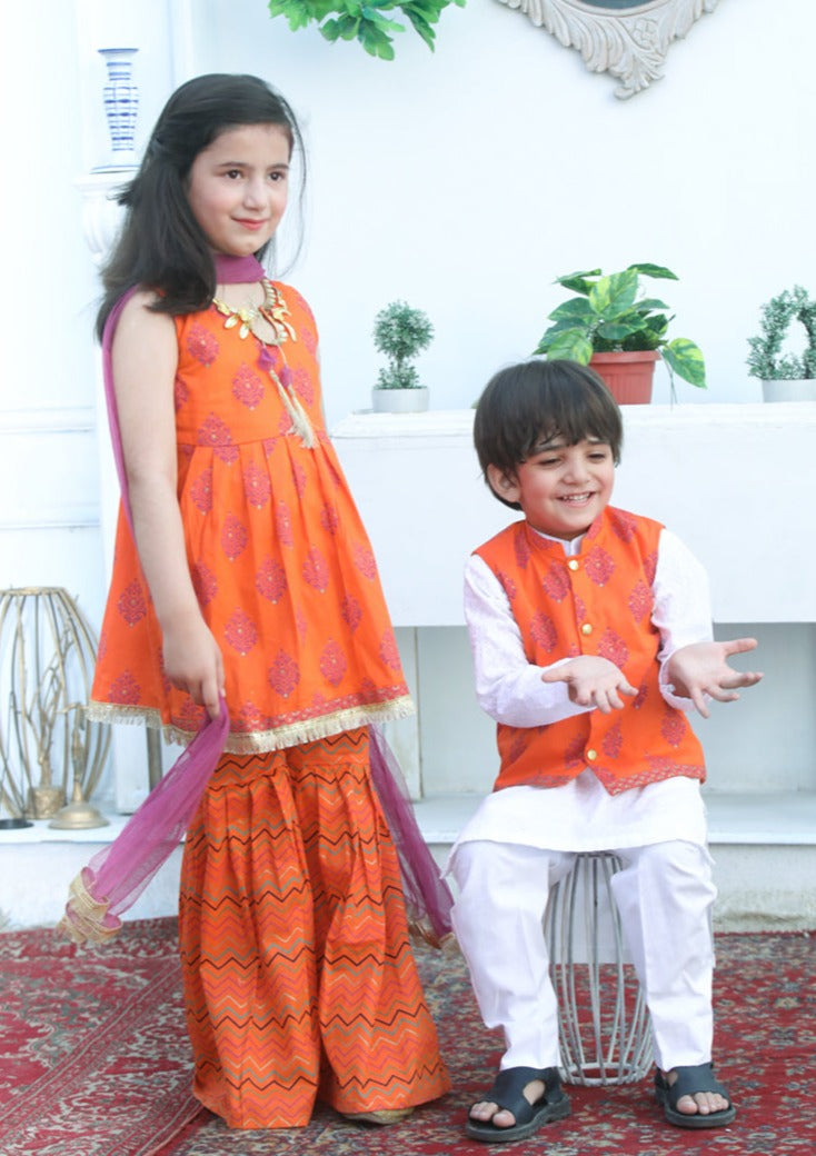 Orange & White - Boy's Kameez, Shalwar & Waistcoat