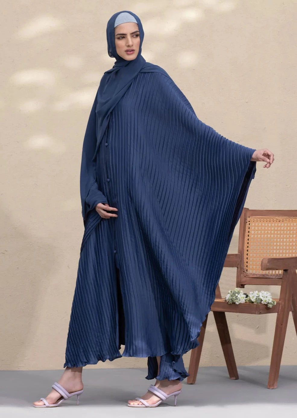 Blue : Pleated Kaftan Abaya & Hijab Set