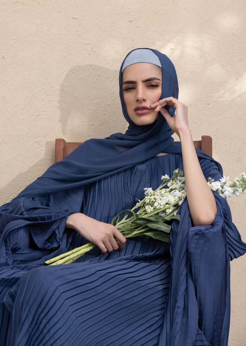 Blue : Pleated Kaftan Abaya & Hijab Set