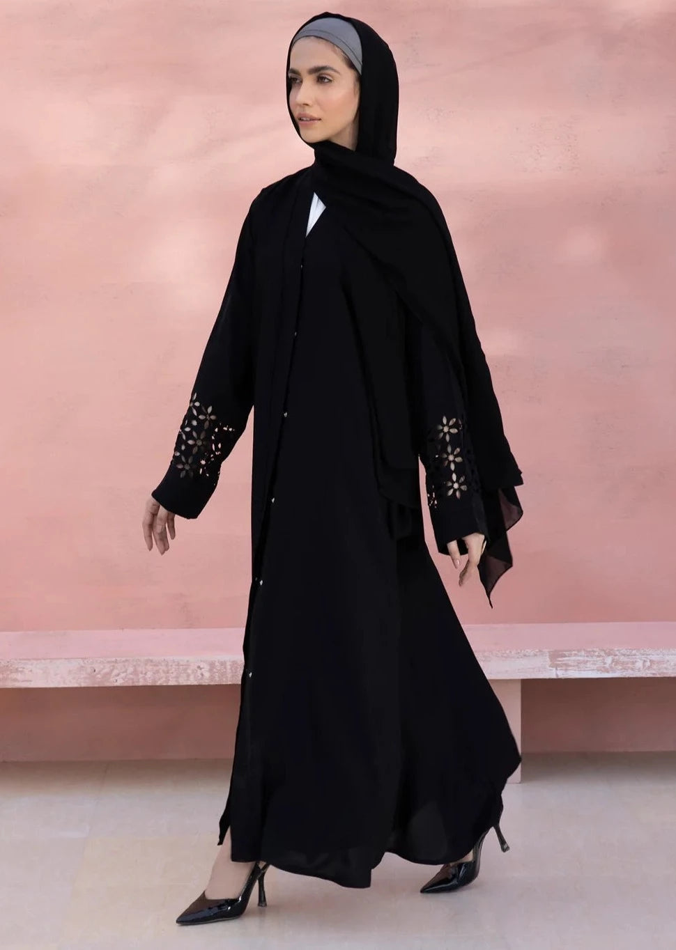 Black : Laser Cut Abaya & Hijab Set