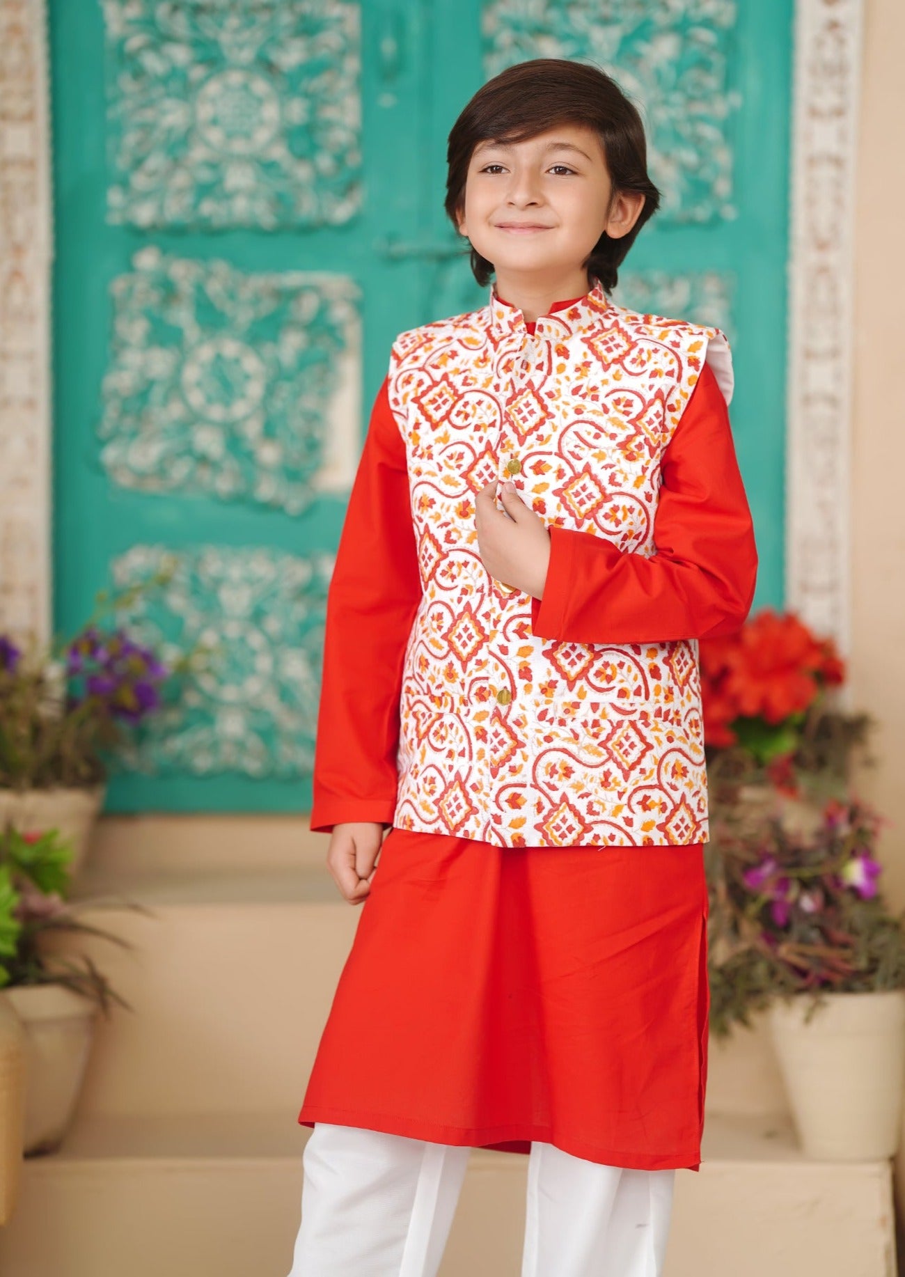 Red Cotton 3-Piece Kurta Shalwar