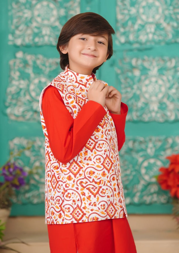Red Cotton 3-Piece Kurta Shalwar
