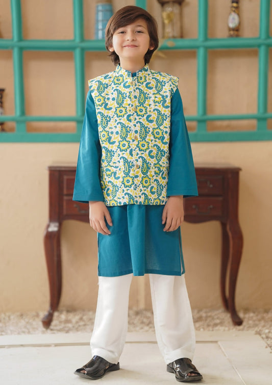 Teal Green - Boy's Kameez, Shalwar & Waistcoat