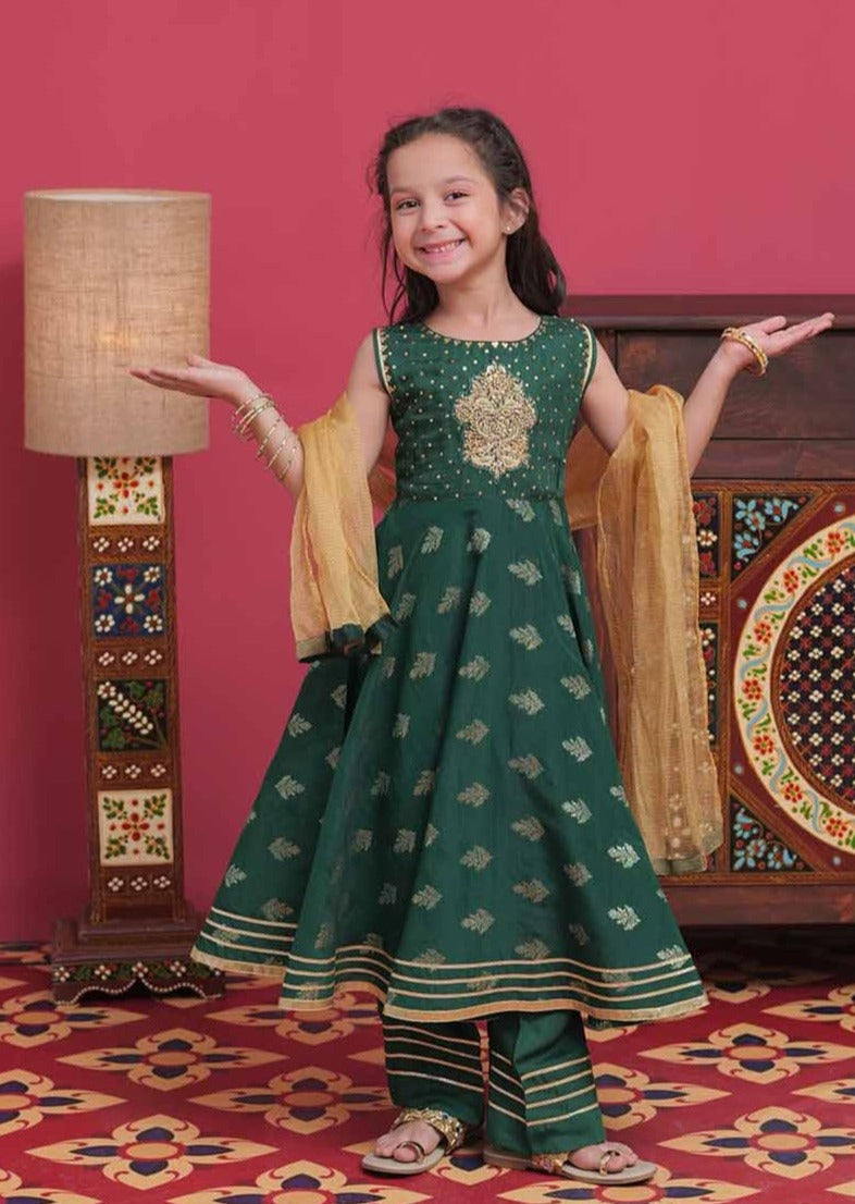 Bottle Green & Gold- Girl's Dress