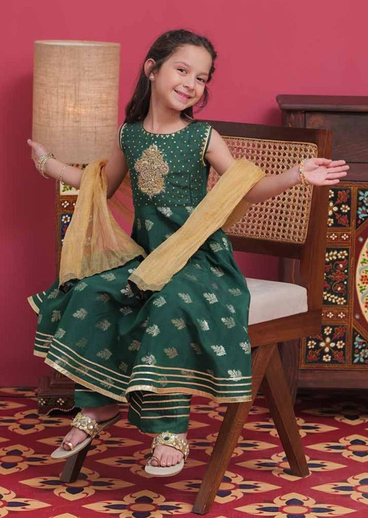 Bottle Green & Gold- Girl's Dress