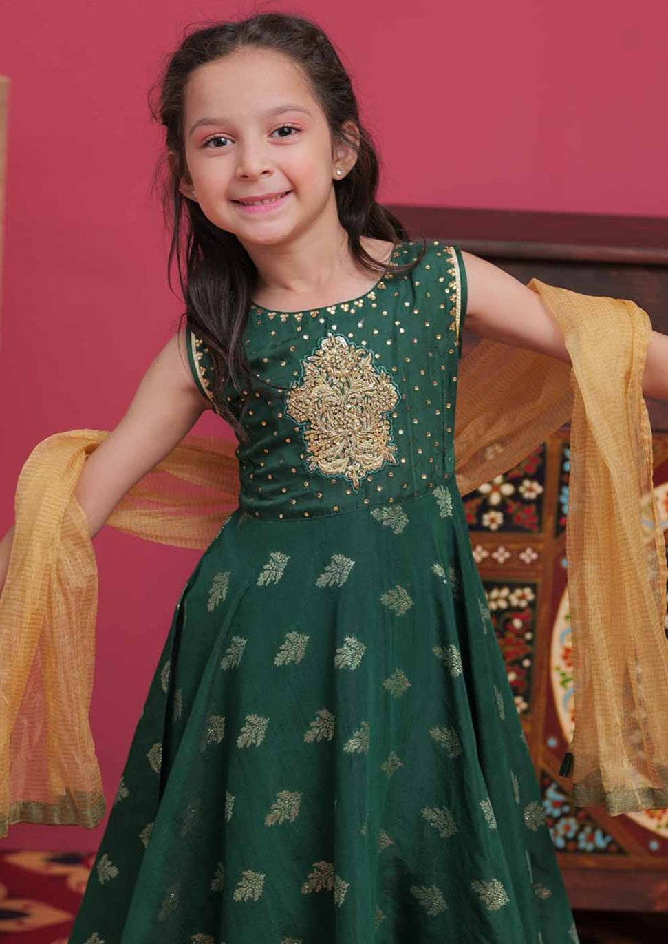 Bottle Green & Gold- Girl's Dress