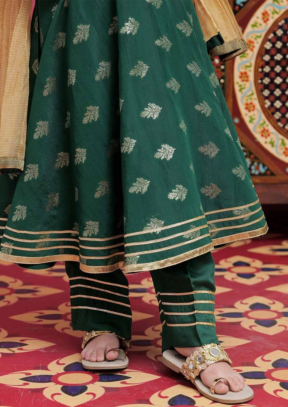 Bottle Green & Gold- Girl's Dress