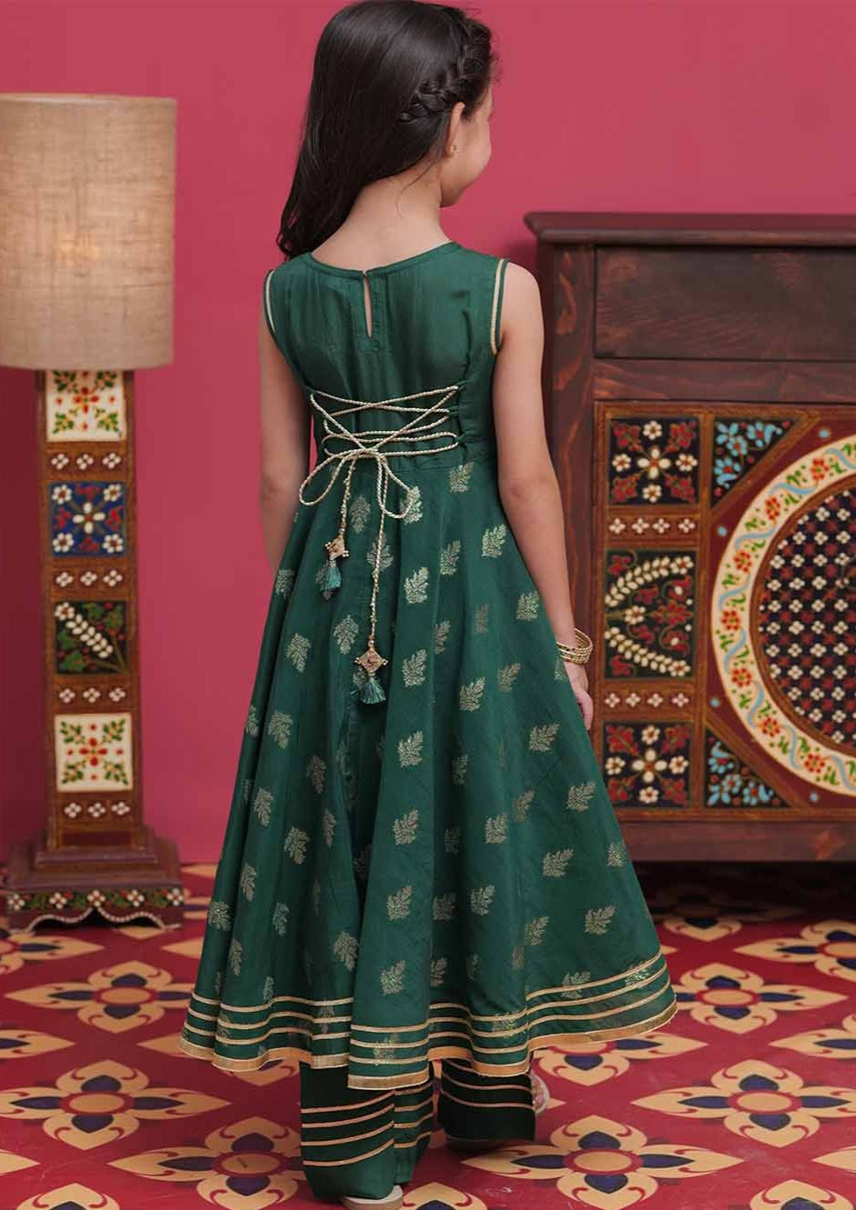 Bottle Green & Gold- Girl's Dress