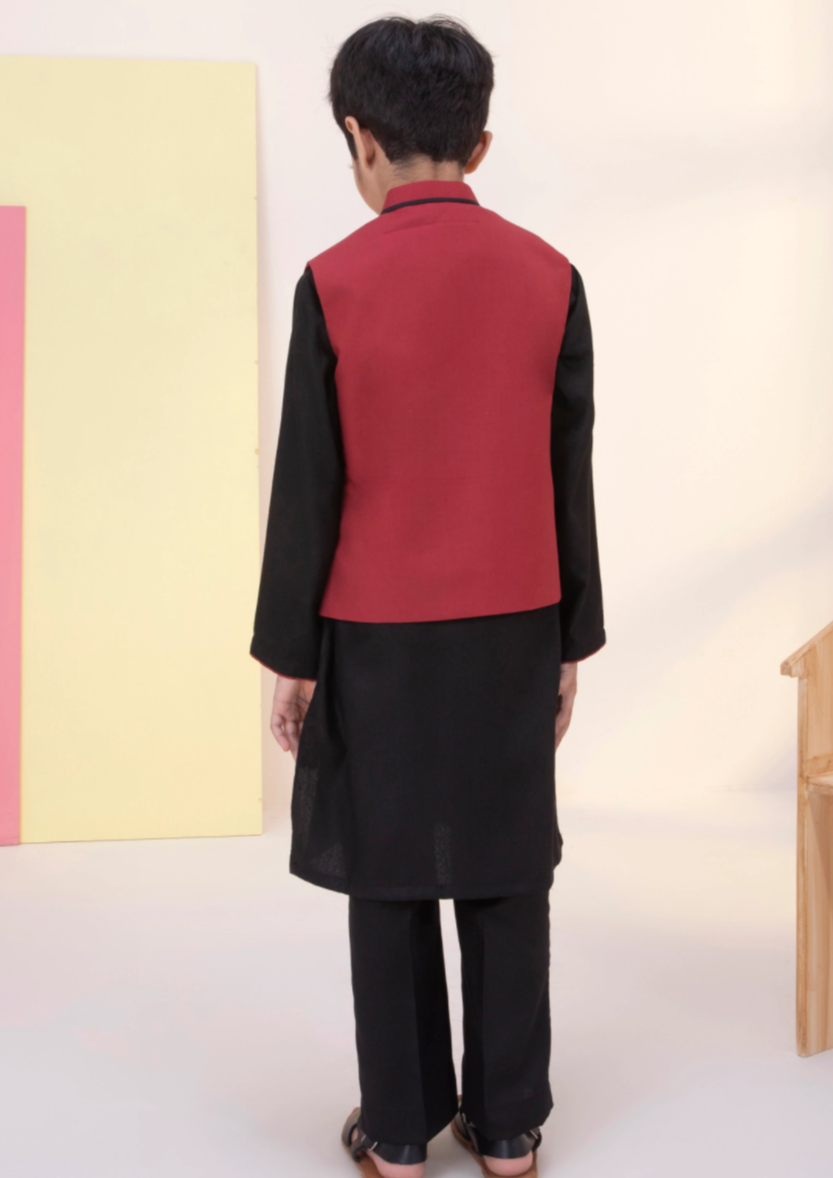 Boys Embroidered Kurta Shalwar and waistcoat :Black