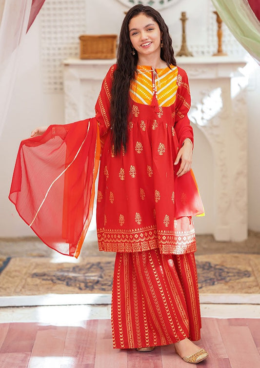 Red & Orange - Girl's Gharara Dress