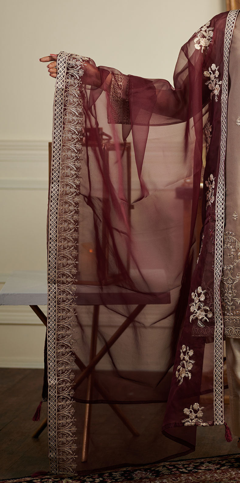 Maroon Embroidered Organza Dupatta