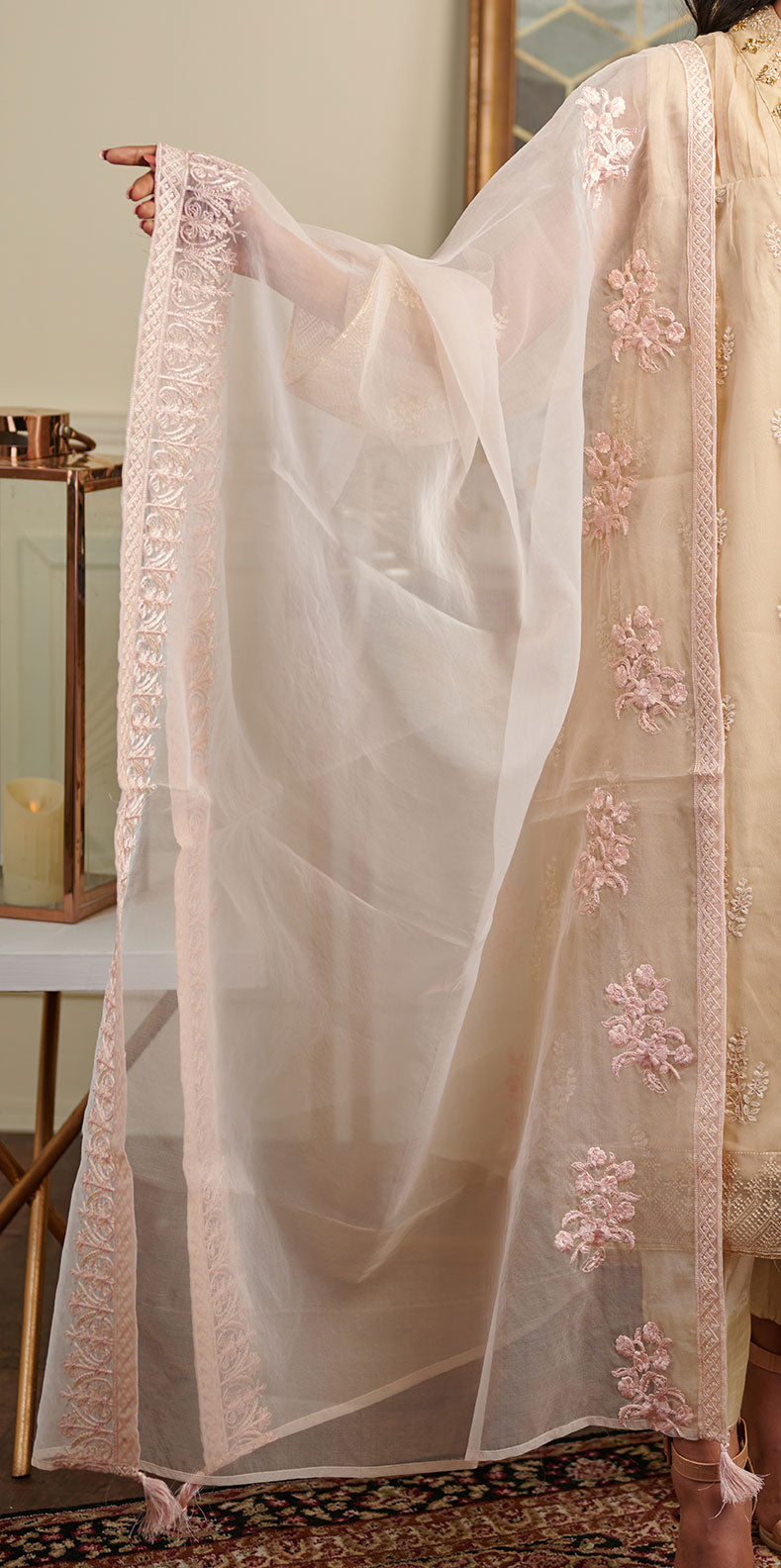 Peach Embroidered Organza Dupatta