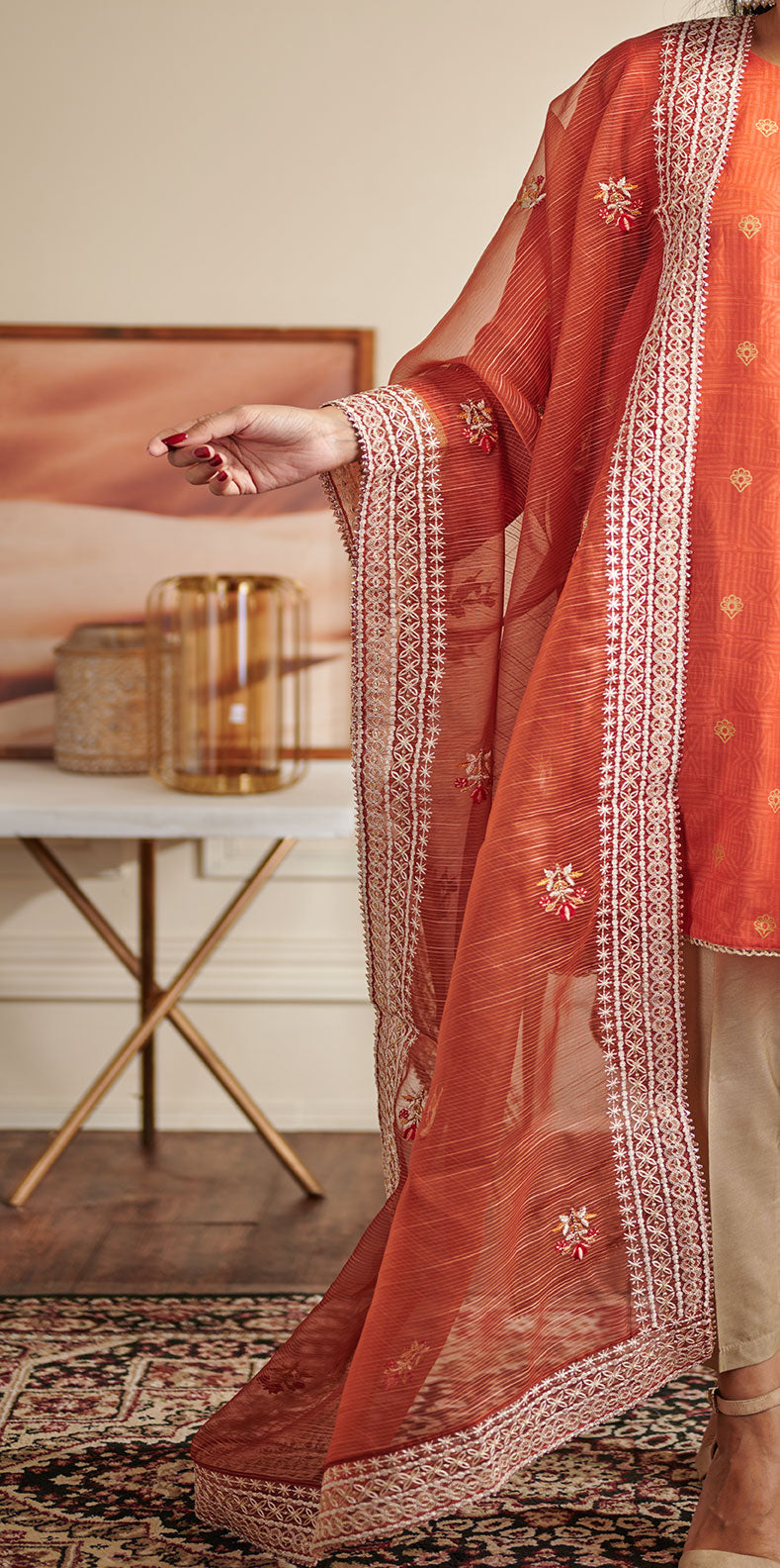 Rust Embroidered Organza Dupatta