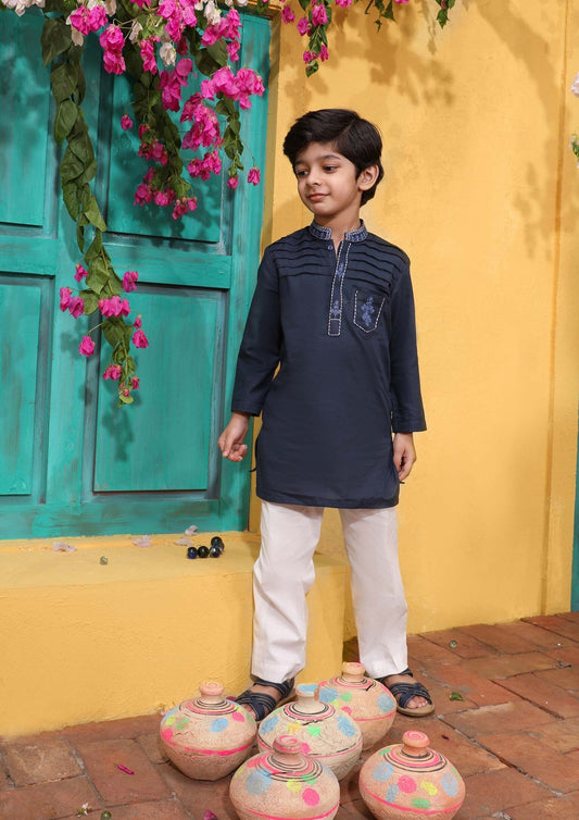 Boy's Embroidered Kurta : Navy Blue