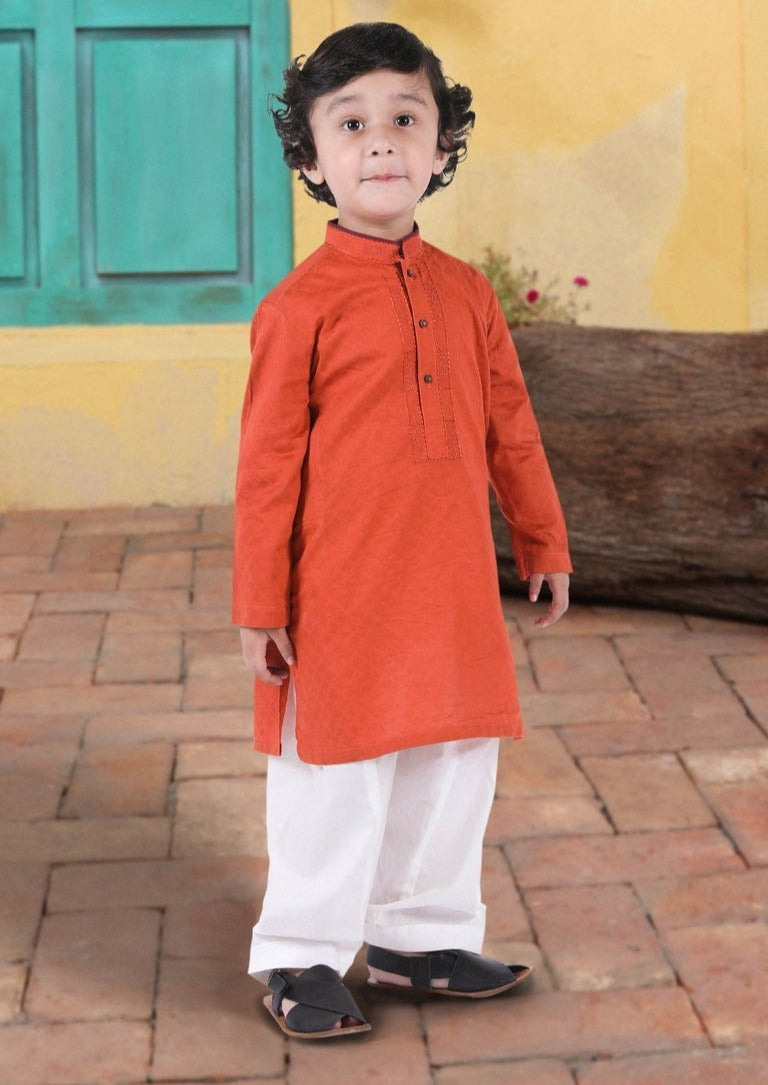 Boy's Embroidered Kurta : Rust