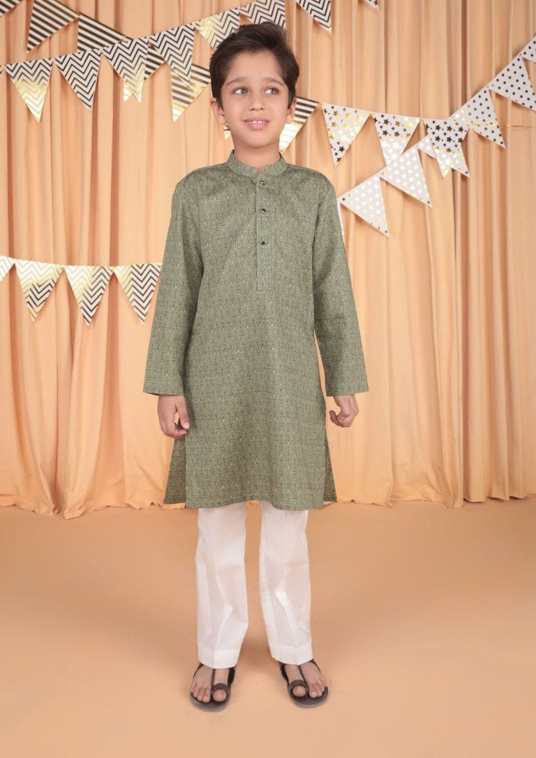 Boy's Embroidered Kurta Shirt Only : Green & Offwhite
