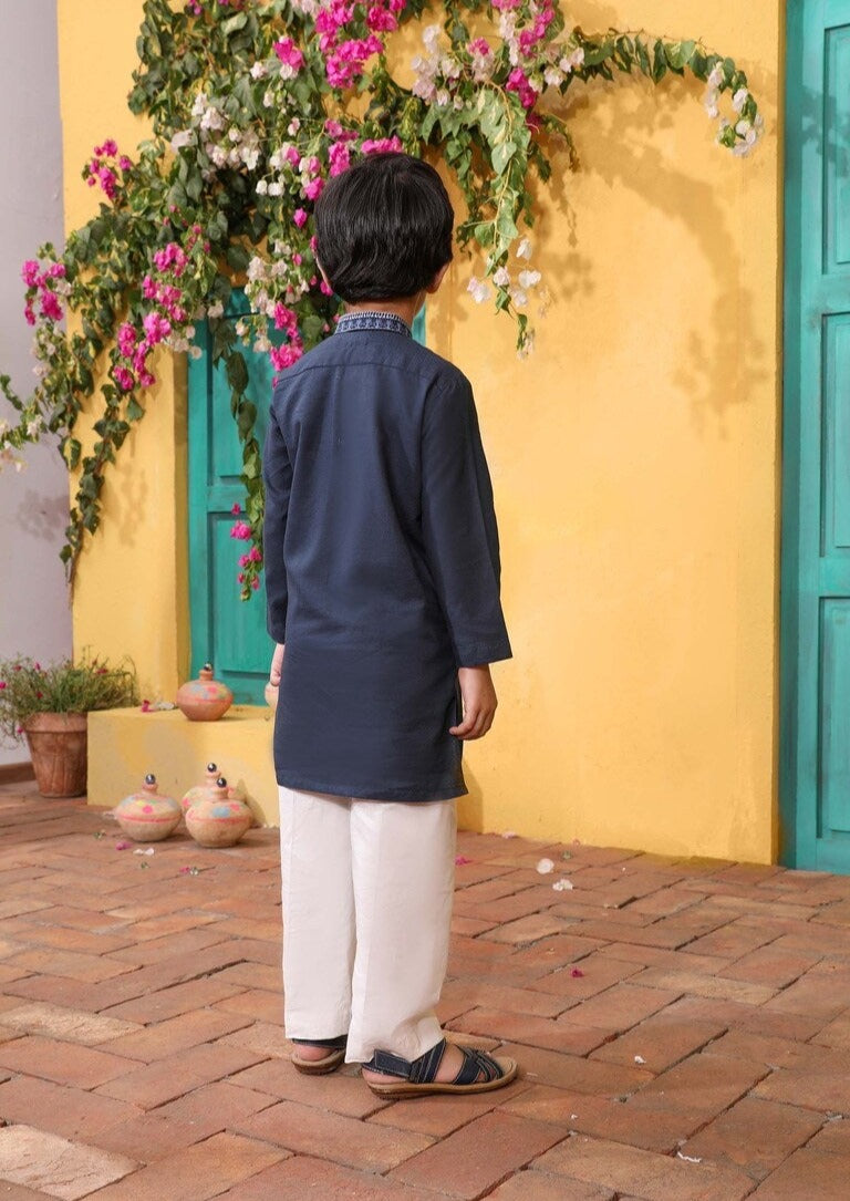 Boy's Embroidered Kurta : Navy Blue