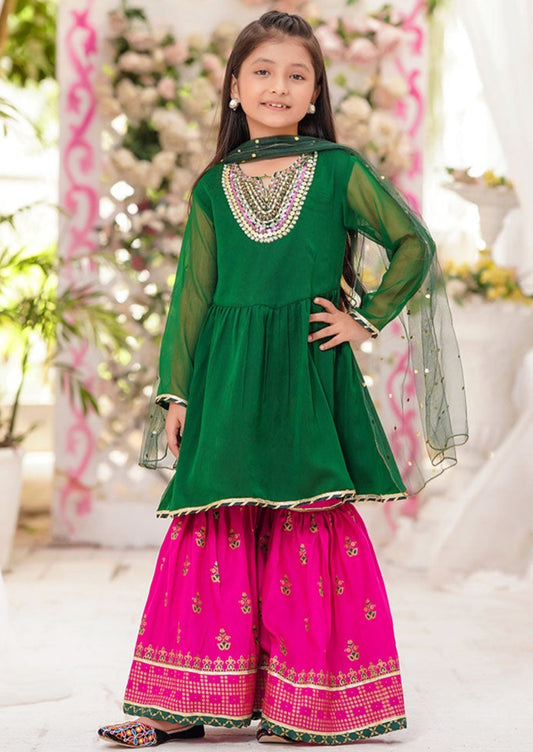 Emerald Green & Magenta - Girl's Gharara Dress