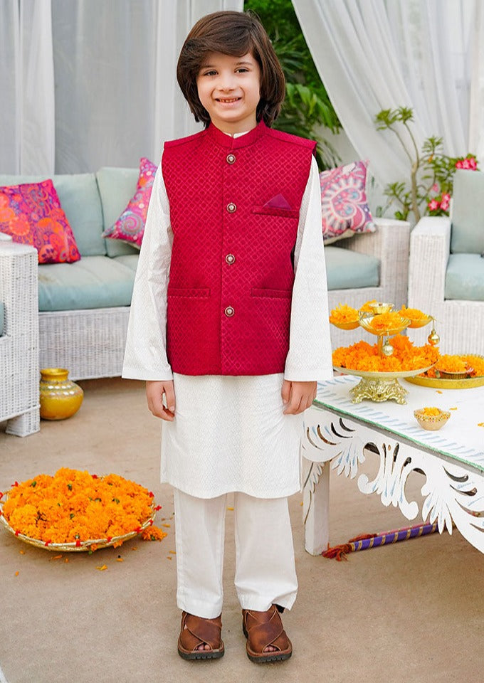 White & Maroon - Kameez, Shalwar & Waistcoat