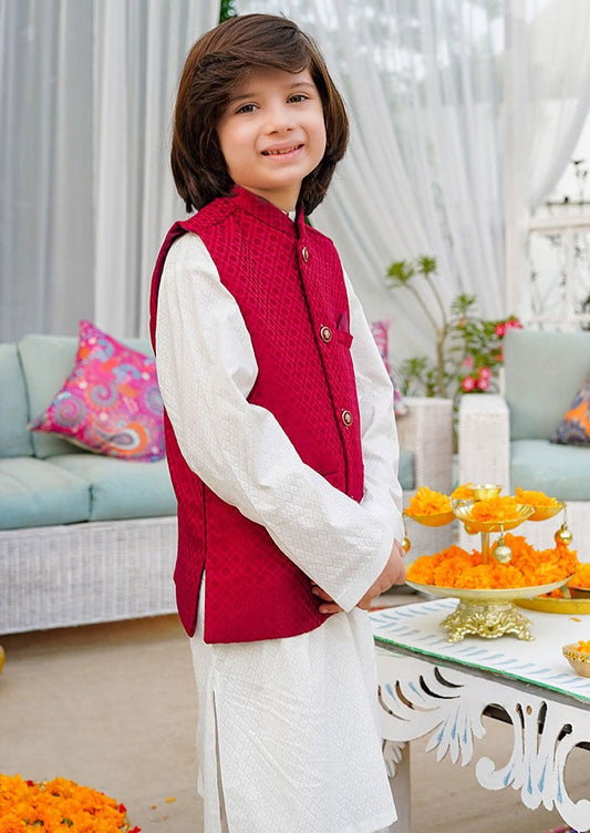 White & Maroon - Kameez, Shalwar & Waistcoat