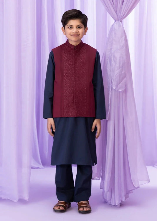 Blue & Maroon : Boy's Kurta, Shalwar & Waistcoat