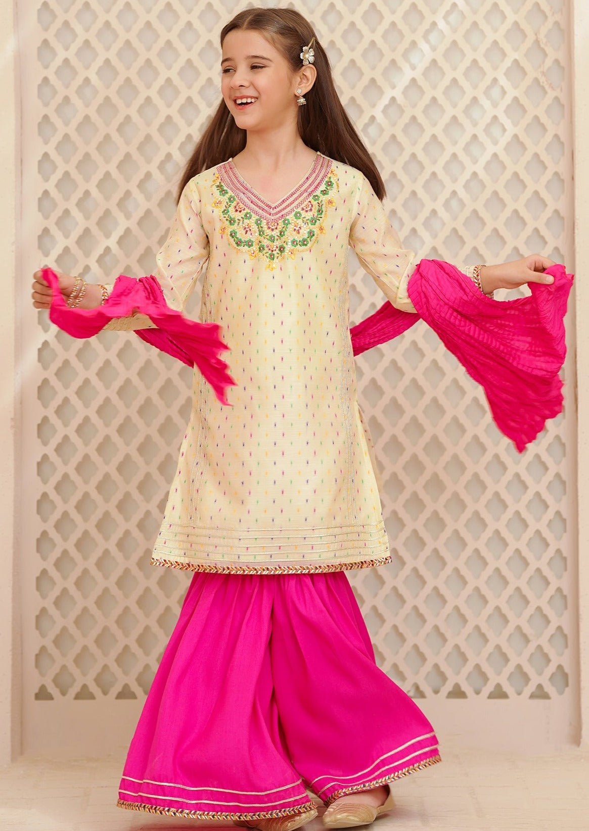 Beige & Pink - Girl's Gharara Dress