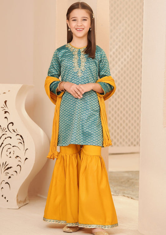 Teal Blue & Mustard - Girl's Gharara Dress