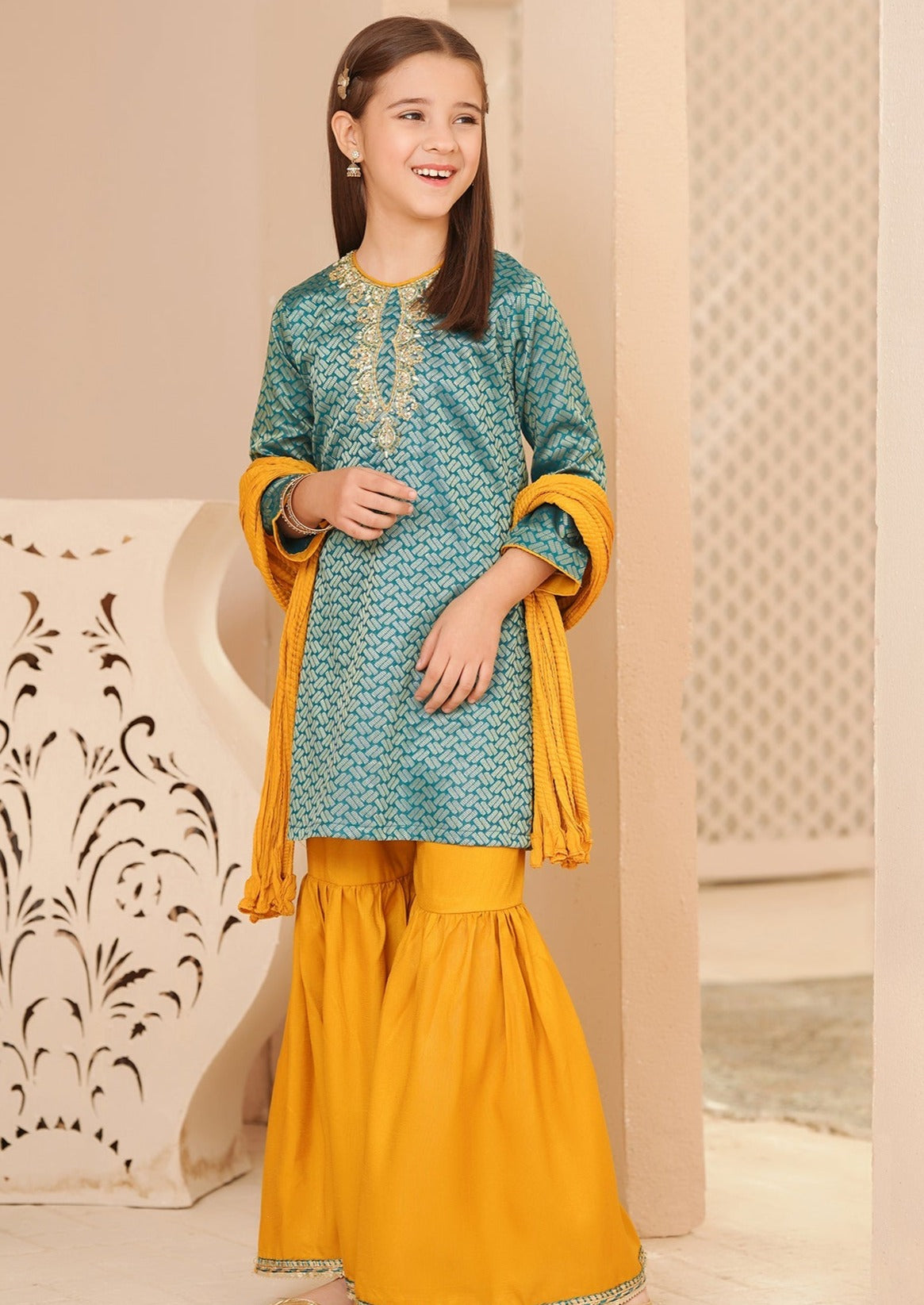 Teal Blue & Mustard - Girl's Gharara Dress