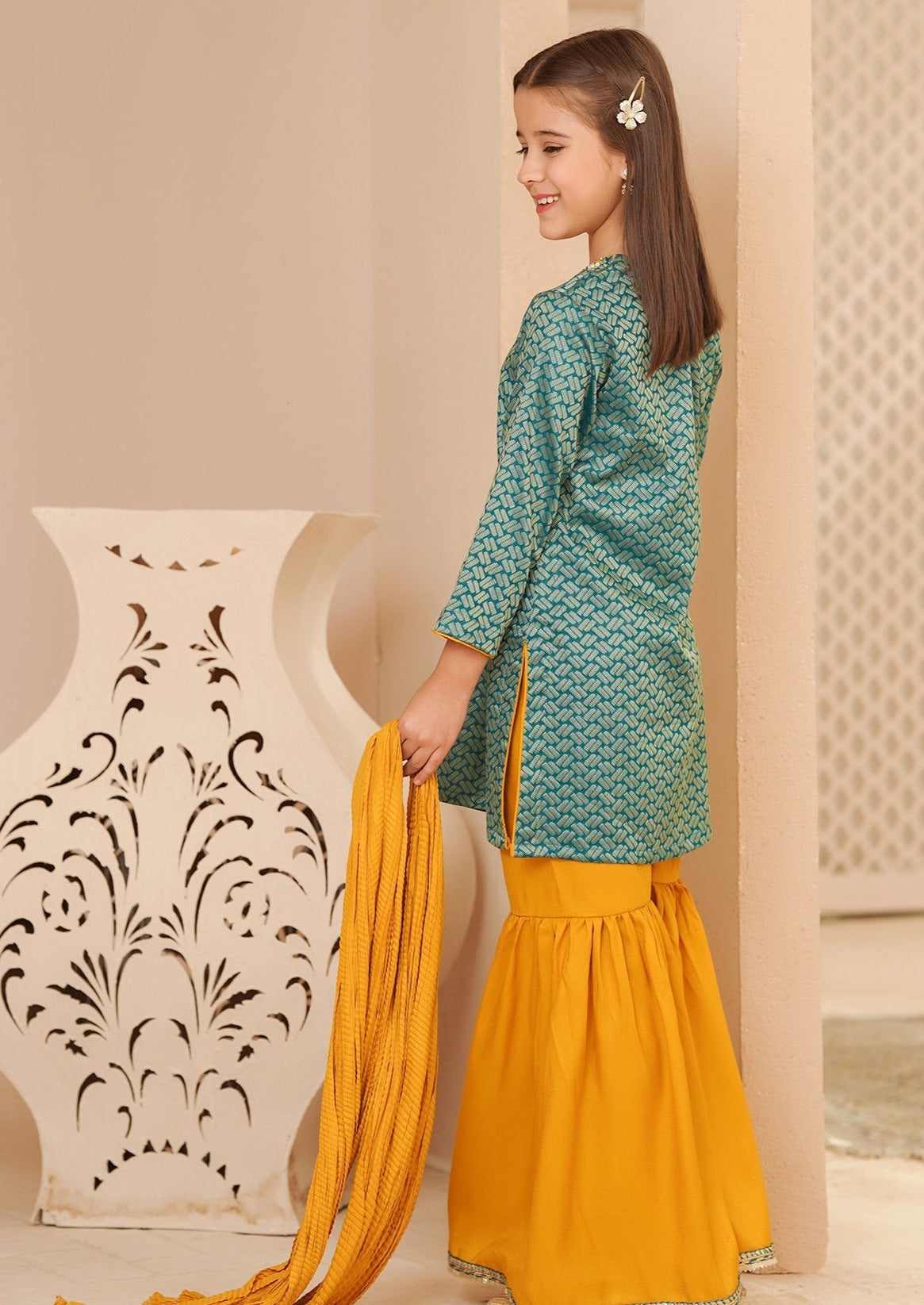 Teal Blue & Mustard - Girl's Gharara Dress