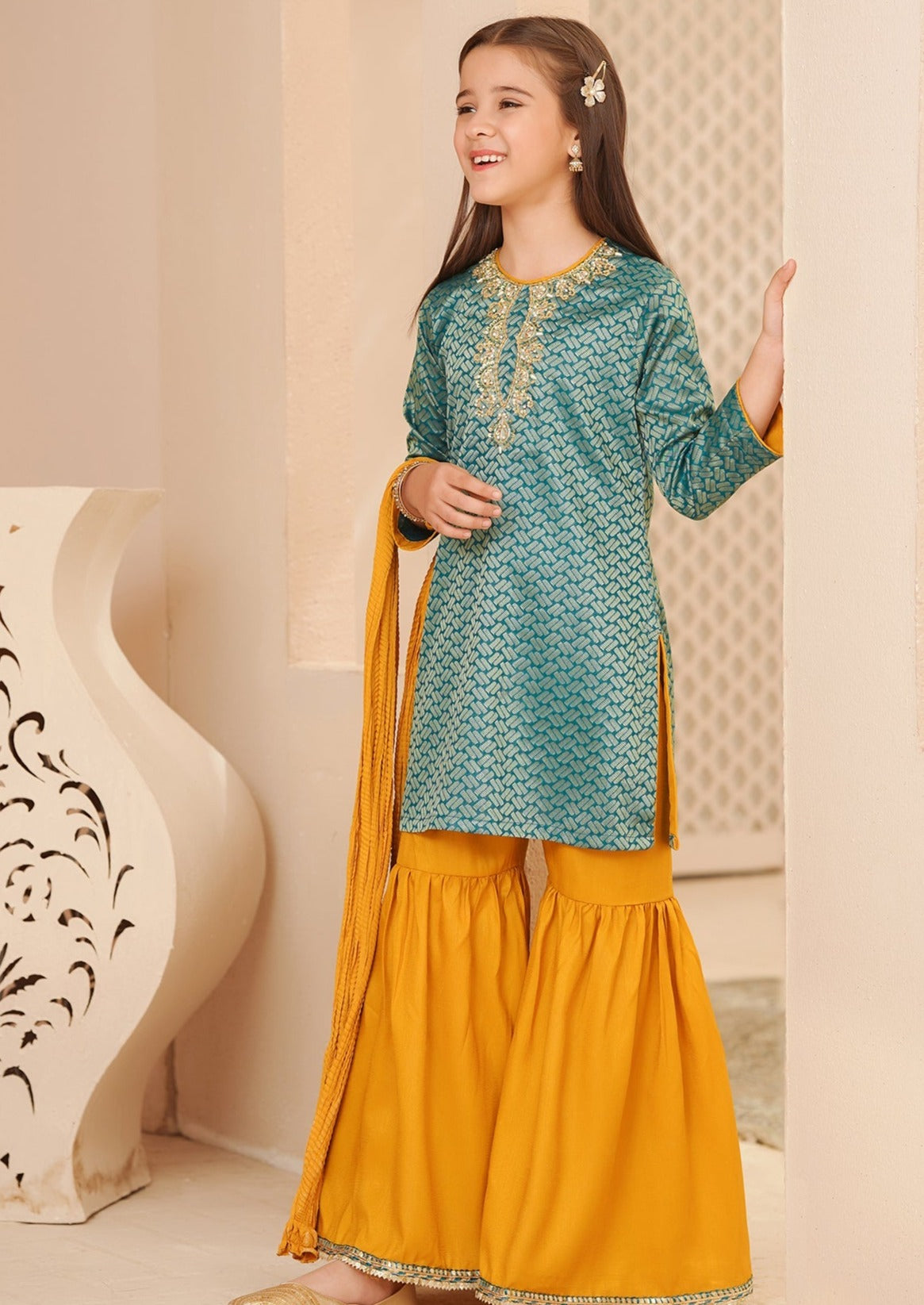 Teal Blue & Mustard - Girl's Gharara Dress