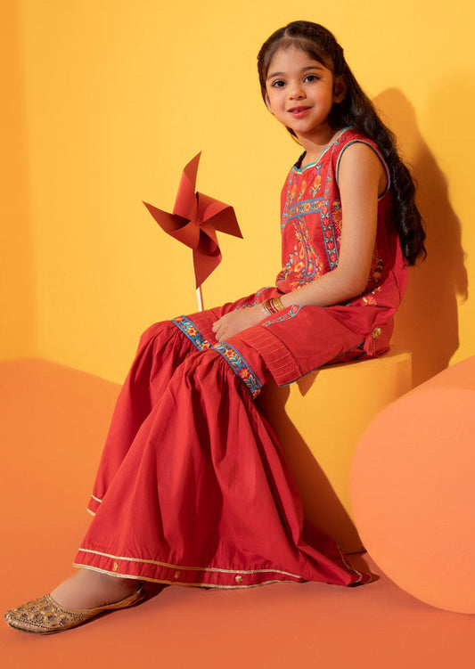 Red- Girl's Embroidered Gharara
