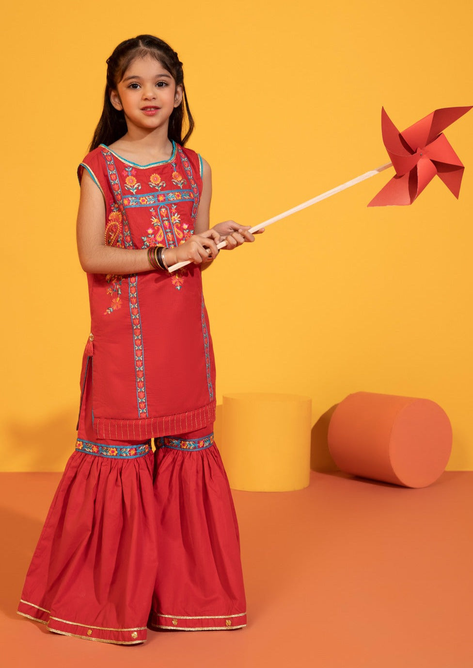 Red- Girl's Embroidered Gharara