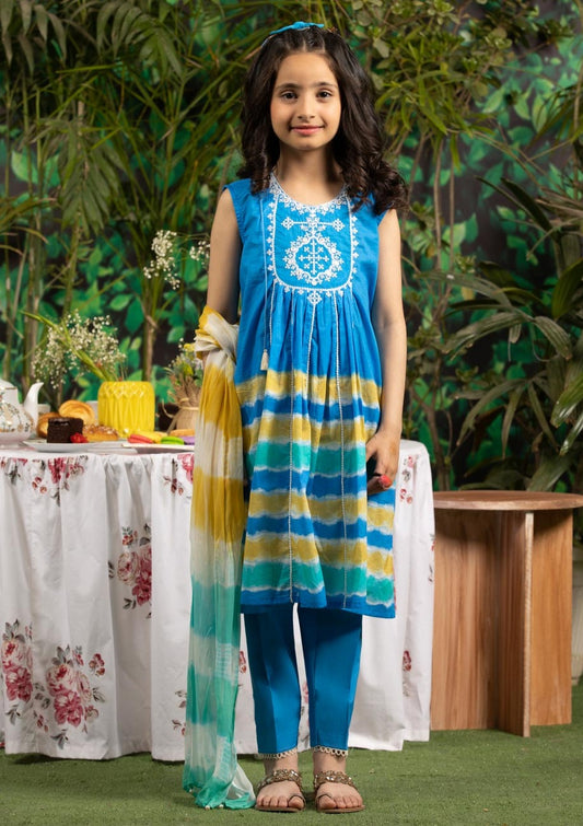 Blue - Girls Embroidered Dress