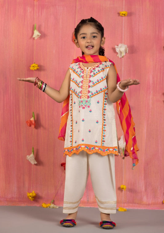 Beige - Girls Embroidered Dress