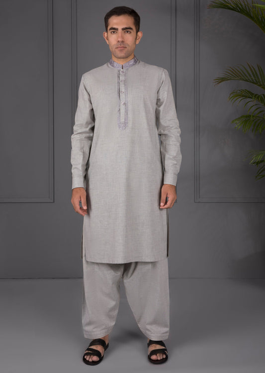 Light Grey - Kameez Shalwar - Pearl River