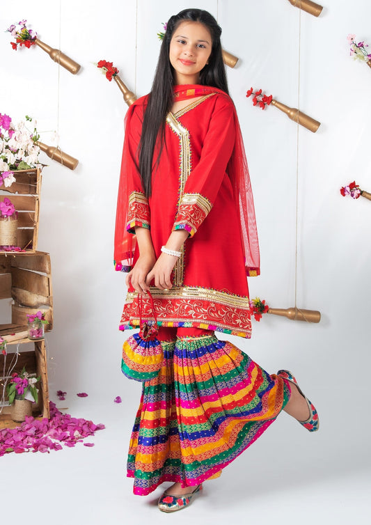 Red - Girl's Gharara Dress
