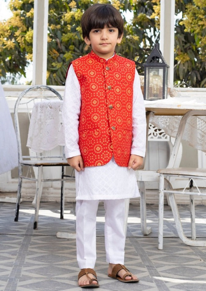 Red -  Boy's Kameez, Shalwar & Waistcoat