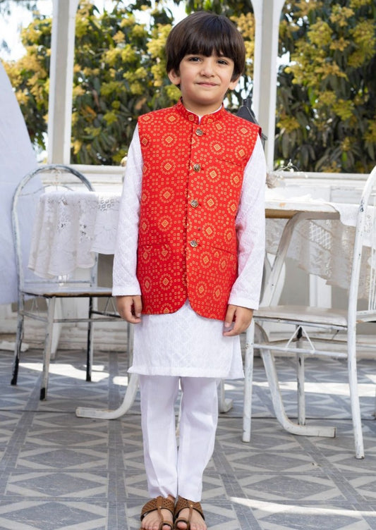 Red -  Boy's Kameez, Shalwar & Waistcoat
