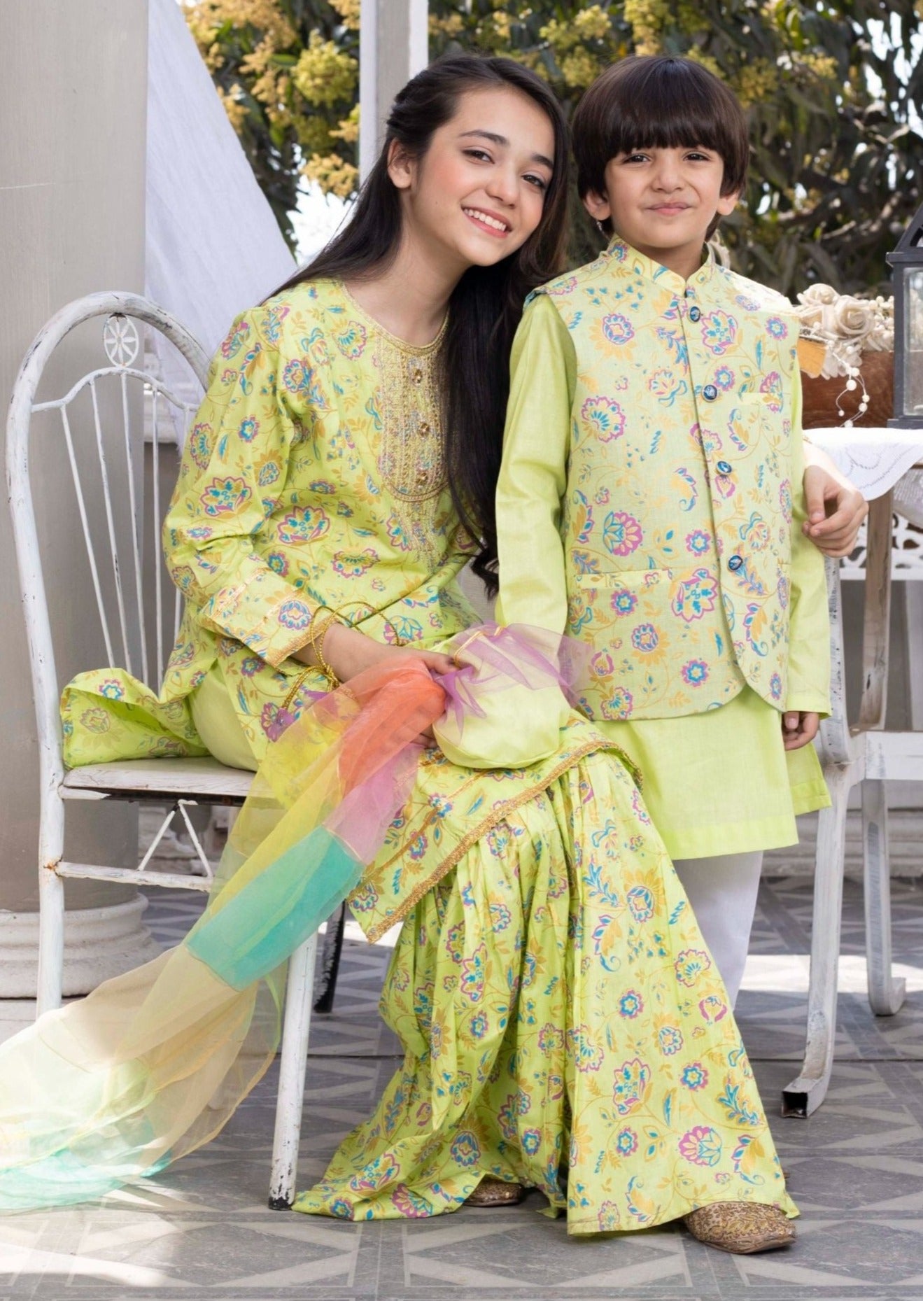 Lemon Green : Boy's Kameez, Shalwar & Waistcoat