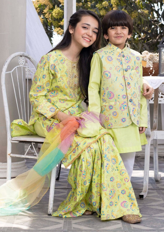 Lemon Green : Boy's Kameez, Shalwar & Waistcoat